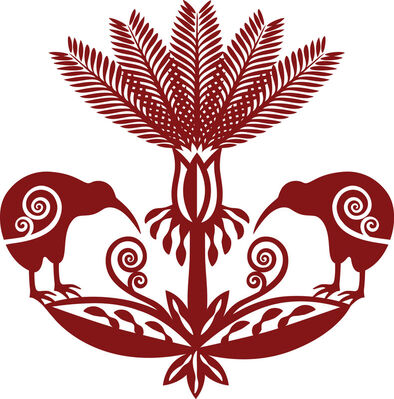 Symmetrical red palm and kiwi bird vytynanka