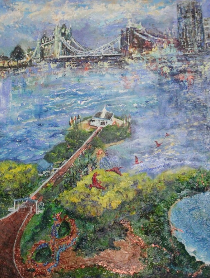 Painting, in acrylic and mixed media on canvas board. Central to the painting is The Temple in The Sea located in Waterloo, Trinidad. Five Scarlet Ibis, one of the national birds of the twin-island Republic, leave their flock below the lush green canopy and fly towards the glittering Christmas lights decorating the distant London Bridge. 